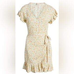 BILLABONG Wrap & Roll Floral Ruffle Wrap Minidress In Vintage Yellow size XS